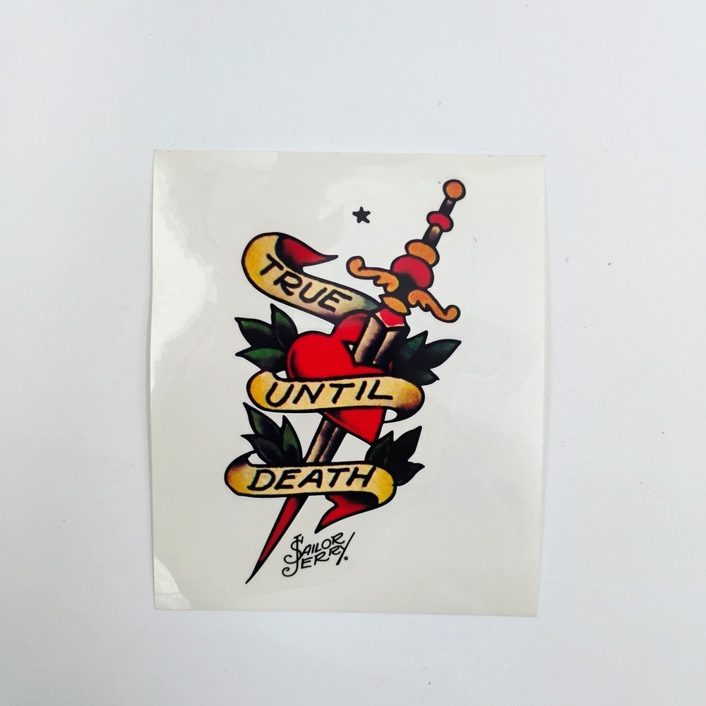 Sailor Jerry Vintage 90s True Until Death Dagger Heart Kiss Cut Sticker Tattoo
